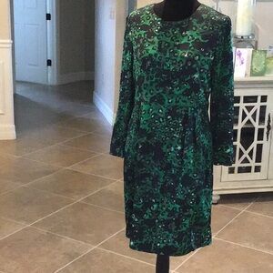 LK Bennett DR IDRIS back zip dress, ruched side, green/black/tan, size 10